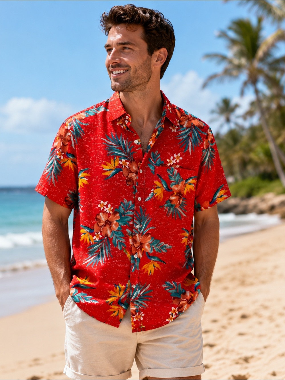 🛍️SALE🛍️ Old Nay Men’s Red Floral Hawaiian Tropical Casual Button Down Shirt